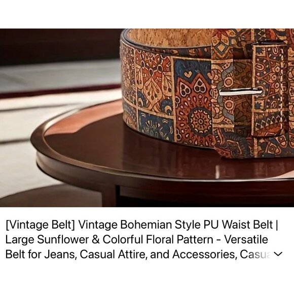 New Vintage Bohemian Style PU Waist Belt With Sunflower & Floral Pattern  L - Picture 4 of 4